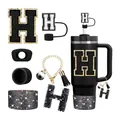 Set de accesorios negros para vaso Stanley con tapa de pajita letra H y llavero elegante - Estilo H