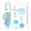 Hellblaues Zubehörset für 40oz Becher mit Gänseblümchen-Perlenband und Silikonhülle - Hellblau Gänseblümchen Thema (Stil 3)