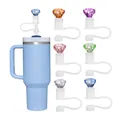 Light blue insulated tumbler with colorful gemstone silicone straw cover accessories set - Blue Tumbler Colorful Jewel Caps (Style 2)