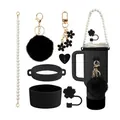 All-black accessory set for tumblers including pearl chain and silicone flower boot - Black (Style 1)
