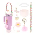 Rosa und lila Stanley Zubehör-Set mit Gurt, Charms und Halmabdeckung für 40oz Becher - Pink Lila Gänseblümchen Thema (Stil 4)