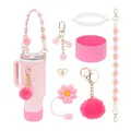 Rosa Zubehörset für 30oz/40oz Becher mit Blumenbändern und niedlichen Anhängern - Pink Weiß Gänseblümchen Thema (Stil 5)