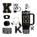 Set de accesorios negros para termo 40oz con base de brillo y colgantes letra K - Estilo K