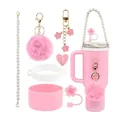 Pink tumbler accessory kit with floral straw topper, silicone boot and fuzzy pom charm - Pink (Style 4)