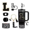 Set de accesorios para vaso negro 40oz con parche letra L, tapa de pajita y dijes - Estilo L