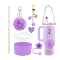 Purple Stanley tumbler accessory set with silicone boot and flower handle charms - Purple (Style 5)