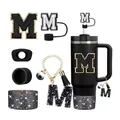 Set de termo negro de 40oz con cubrepajita letra M y accesorios con purpurina - Estilo M