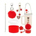 7-piece cream water bottle accessory set with red silicone boot and flower charm chain - Red (Style 6)