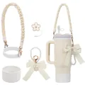 Stanley cup accessory set with cream braided lanyard pearl bow charm and floral straw cover - Beige Style