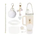 White 40oz tumbler accessories set with floral charms, silicone boot and metal chains - Cream White (Style 8)