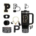 Vaso negro 30/40oz con parche dorado letra P, funda de pajita y set de accesorios - Estilo P