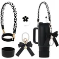 Detail set of black accessories for 40oz tumblers including woven handle and straw cover - Black And Gold Style
