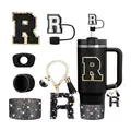 Set de accesorios negros y dorados para vaso Stanley con letra R y bota de silicona - Estilo R