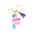 Porte-clés lettre F initiale en résine pailletée avec dégradé et pompon violet chic - Lettre F (Style 6)