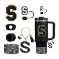 Set de accesorios negros para taza Stanley con parche S, llavero y cubre pajita - Estilo S