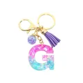 Porte-clés lettre G en résine avec paillettes dégradées roses bleues et pompon violet - Lettre G (Style 7)