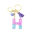 Porte-clés lettre H en résine pailletée dégradé rose bleu avec pompon violet - Lettre H (Style 8)
