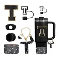 Set de termo negro 40oz con parche letra T dorada y funda protectora de silicona - Estilo T