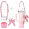 Pink accessory set for 40oz tumbler with silicone sleeve and flower straw topper - Pink Style