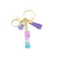 Porte-clés en résine à paillettes avec pompon violet et fermoir en métal doré - Lettre I (Style 9)