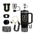 Set de vaso negro de 40oz con base de silicona y accesorios de amuleto letra U - Estilo U