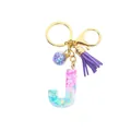 Porte-clés lettre J en résine dégradé rose et bleu avec paillettes et pompon violet - Lettre J (Style 10)