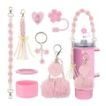 Pink 8-piece Stanley cup accessory set with floral strap and silicone boot cover - Pink Style (Style 2)