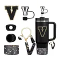 Set de termo negro de 40oz con parches de letra V y accesorios con purpurina - Estilo V