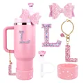 Pink 40oz tumbler set with pink bow straw topper and rhinestone initial decoration - The Set Shown Is A 5-piece Set (excluding The Cup).
