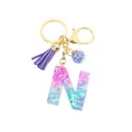 Porte-clés lettre N en résine avec paillettes violettes et gland en cuir synthétique - Lettre N (Style 14)