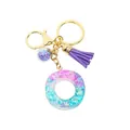 Porte-clés lettre O en résine pailletée rose et bleu avec pompon et anneau doré - Lettre O (Style 15)