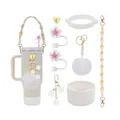 Pink accessories set for 30oz 40oz water bottle with flower handle and charm - Cream White Accessories (Style 3)