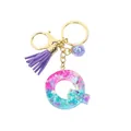 Porte-clés lettre Q en résine avec paillettes et pompon en daim violet élégant - Lettre Q (Style 17)