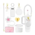White Stanley cup accessories set with pearl strap, pompom, and silicone boot - White