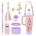 Roze en paarse accessoireset voor drinkbekers met rietjesdop en decoratieve hangers - Mauve (Stijl 1)