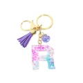 Porte-clés lettre R en résine avec paillettes roses, fermoir doré et pompon violet - Lettre R (Style 18)