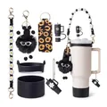 Stanley Cup accessories set with beige bottle, flower charms, and black woven strap - Black And White Daisy Set (Style 1)