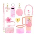 Pink accessories set for Stanley cups featuring straw covers and marble sleeve - Sakura Pink