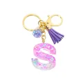 Porte-clés lettre S en résine pailletée rose et violette avec pompon et fermoir doré - Lettre S (Style 19)