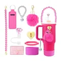 Pink accessories set for water bottle with plush charm, silicone boot and straw cover - Rose Pink