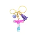 Porte-clés lettre T en résine avec paillettes, pompon violet et métal doré chic - Lettre T (Style 20)