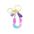 Porte-clés lettre U en résine scintillante avec pompon violet et fermoir doré - Lettre U (Style 21)