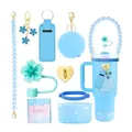 Light blue water bottle accessories set with heart charm and floral straw cover - Blue