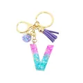 Porte-clés lettre V en résine pailletée dégradé rose bleu avec pompon violet - Lettre V (Style 22)