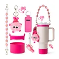 Pink 8-piece Stanley cup accessory set with floral strap and plush charm decor - Pink Cute Flower Set (Style 5)