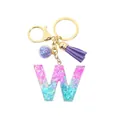 Porte-clés lettre W en résine dégradé rose et bleu avec pompon et anneau doré - Lettre W (Style 23)
