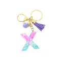 Porte-clés lettre X en résine dégradé rose et bleu avec paillettes et pompon violet - Lettre X (Style 24)