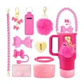 Pink 11-piece accessory kit for tumblers featuring glitter silicone boot and beaded strap - Pink