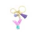 Porte-clés lettre Y en résine avec paillettes dégradées et pompon violet soyeux - Lettre Y (Style 25)