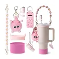 Pink accessories set for water bottle with woven strap pompom and silicone cup boot - Pink Leopard Fashion Set (Style 7)